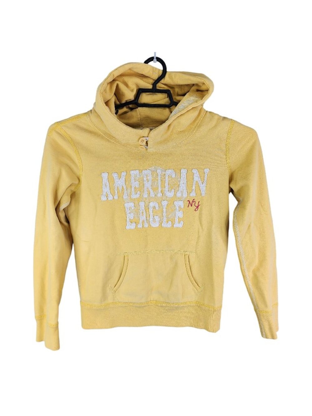 Womens American Eagle NY Yellow Hoodie Sweatshirt Long Sleeve Cotton Blend M